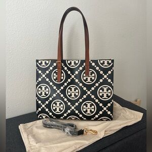 Tory Burch Black and Cream Logo Print Tote with Brown Leather Straps